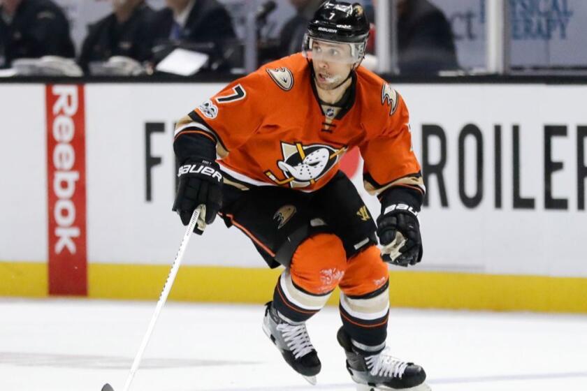 Andrew Cogliano of the Ducks moves the puck during the second period against the Buffalo Sabres on March 17.