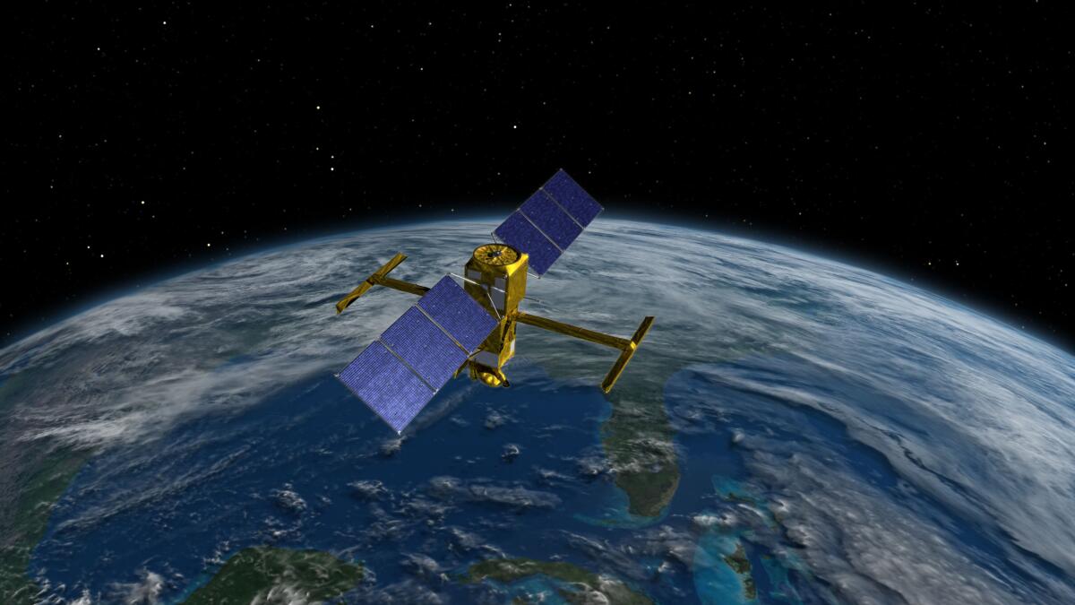 An illustration of the new Surface Water and Ocean Topography satellite.