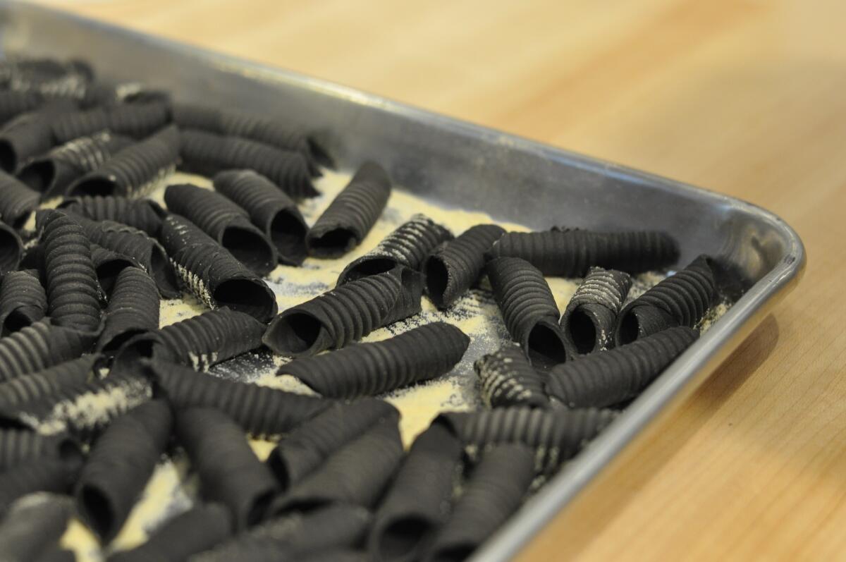 Squid ink garganelli at Knead & Co., where much of the pasta is made by hand in the pasta room.