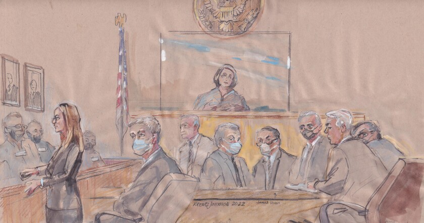 A courtroom sketch of an attorney speaking to the jury 