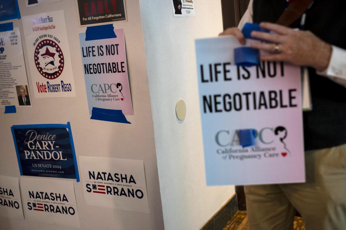 An antiabortion supporter holds a sign at the California Republican Party Convention in Anaheim 