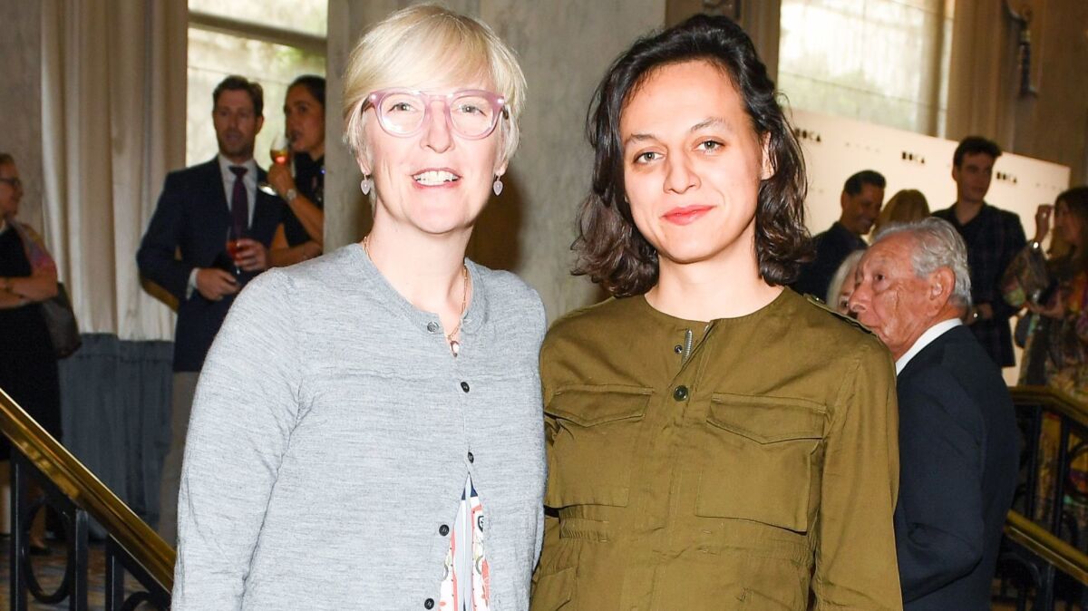 MOCA's chief curator Helen Molesworth and luncheon honoree Tala Madani at MOCA's Distinguished Women in the Arts luncheon.