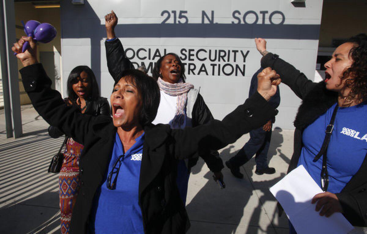 Households of people ages 65 to 74 derive 54% of their income from Social Security while those ages 85 and older got 66% from that source, according to the Employee Benefit Research Institute. Above, Teresa Colio leads a protest at the Social Security Administration office in Los Angeles.