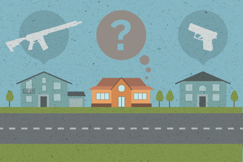 Illustration of a home with a question mark above it in between two homes with guns above them. 