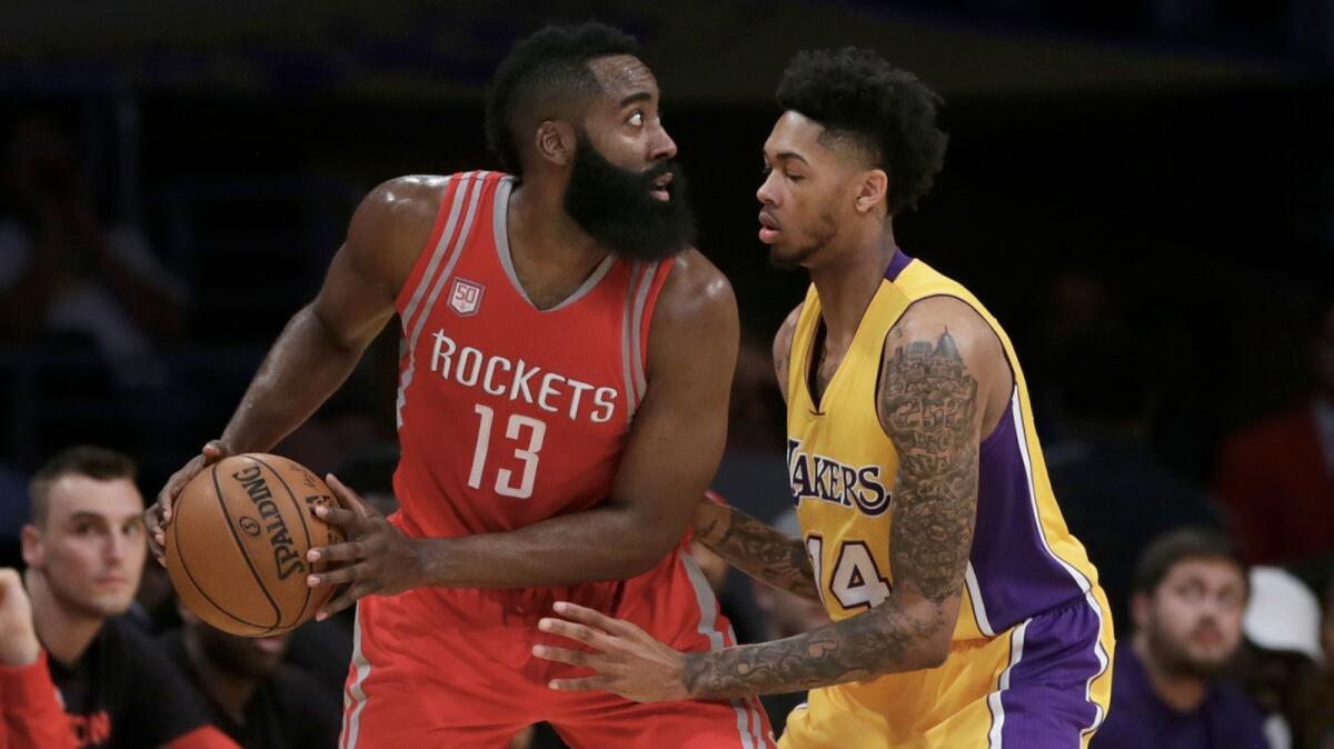 Lakers rookie Brandon Ingram guards Houston star James Harden on Oct. 26.