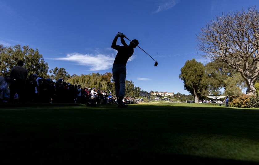 Joaquin Niemann tees off on No. 9 during the third round of the Genesis Invitational at Riviera Country Club.