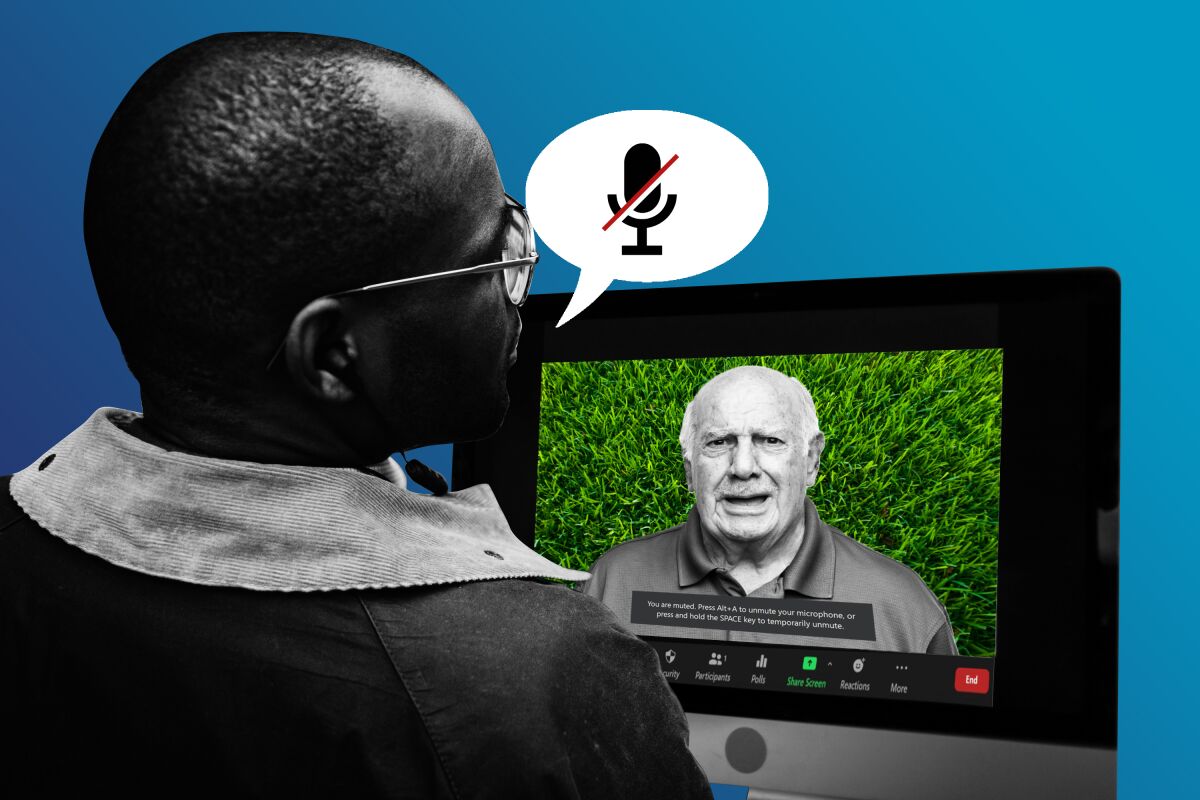 Illustration of two people in a video conference with one of them on mute. 