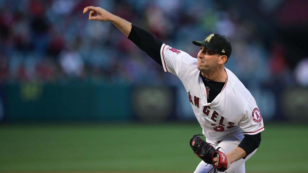 Angels starter Matt Harvey throws during the first inning of a 5-2 win over the Kansas City Royals on May 17.