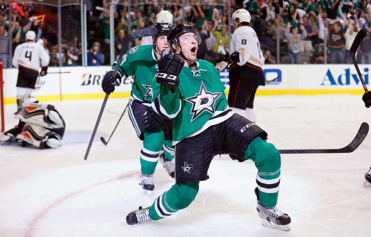 The Dallas Stars' Ryan Garbutt celebrates after scoring a goal against the Ducks on Monday.