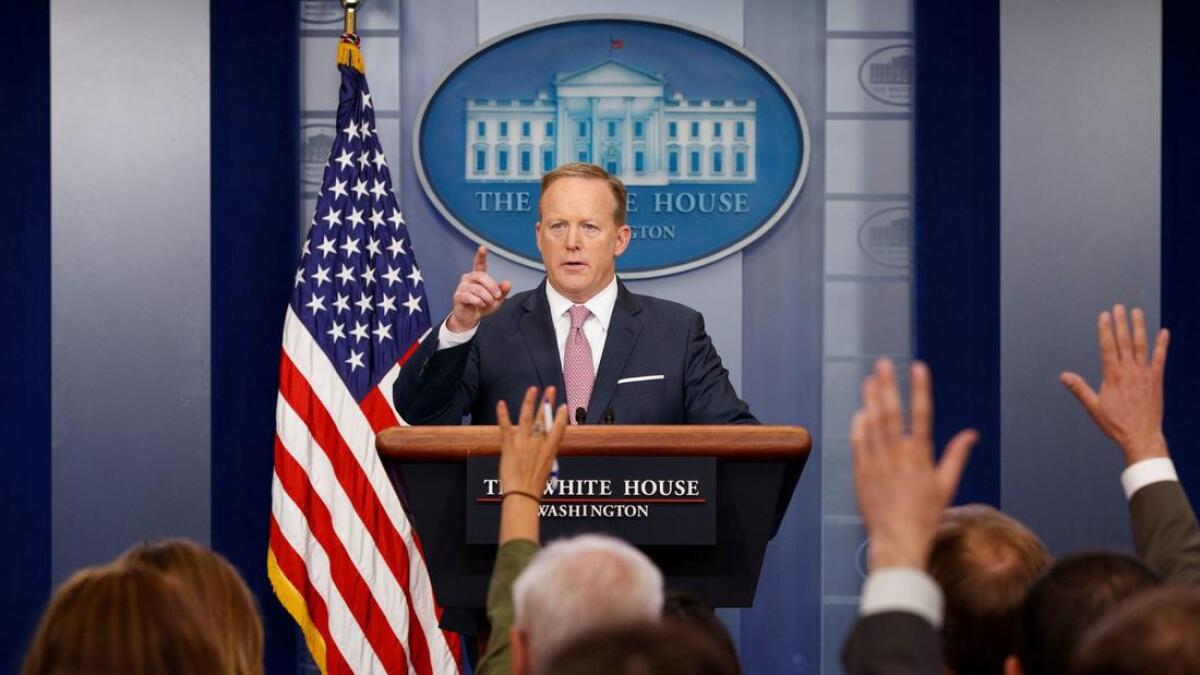 Sean Spicer conducts a White House news briefing in May.