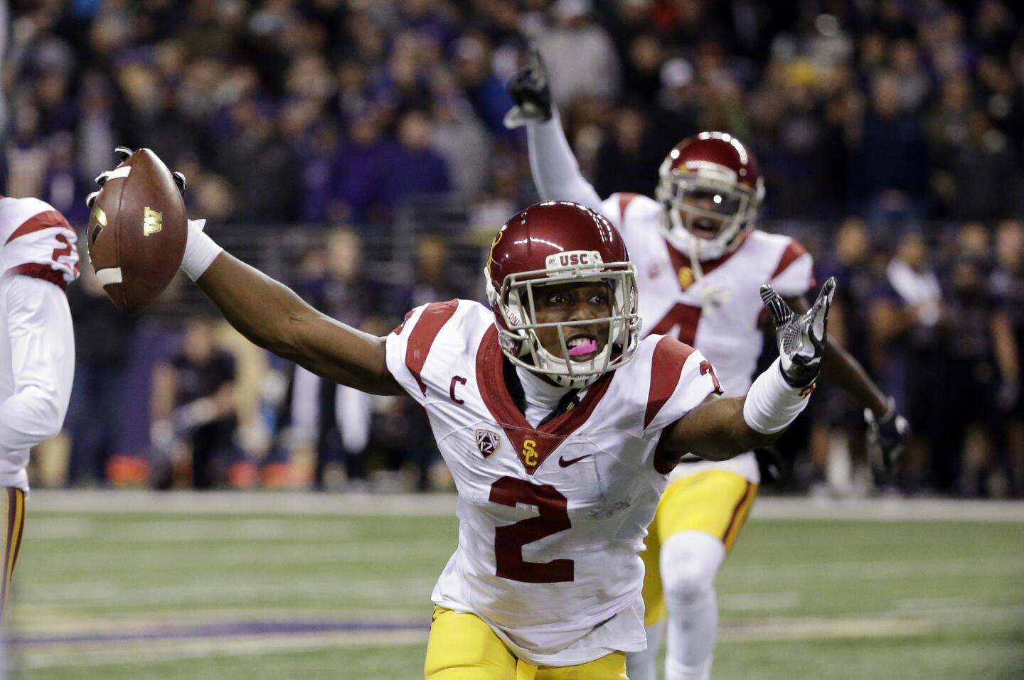 USC defensive back Adoree' Jackson reacts after intercepting a Washington pass during the fourth quarter of a game on Nov. 12.