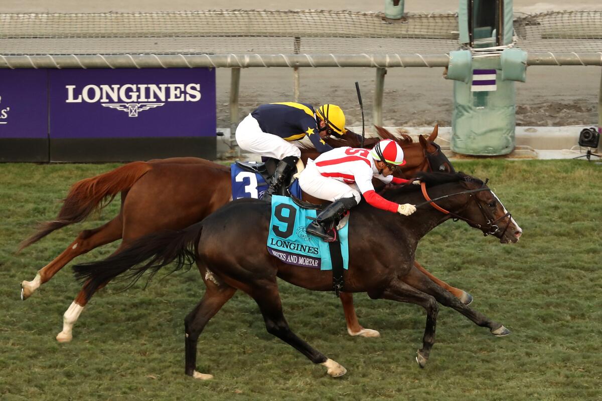 Jockey Irad Ortiz Jr. aboard Bricks and Mortar #9 wins the Breeders' Cup Turf race at Santa Anita just ahead of Flavien Prat and United.