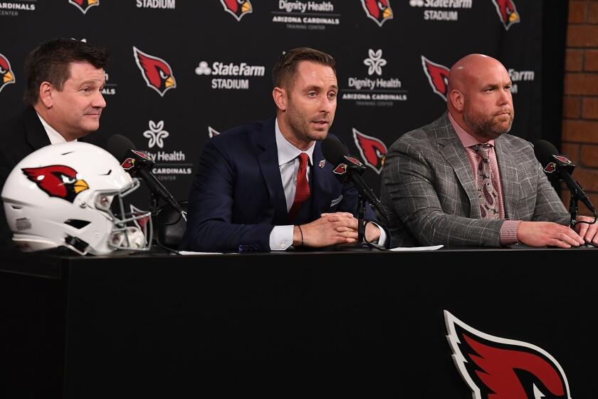 TEMPE, AZ - JANUARY 09: Arizona Cardinals team president Michael Bidwill (L) and general manager (R) Steve Keim introduce the new head coach Kliff Kingsbury to the media at the Arizona Cardinals Training Facility on January 9, 2019 in Tempe, Arizona. (Photo by Norm Hall/Getty Images) ** OUTS - ELSENT, FPG, CM - OUTS * NM, PH, VA if sourced by CT, LA or MoD **
