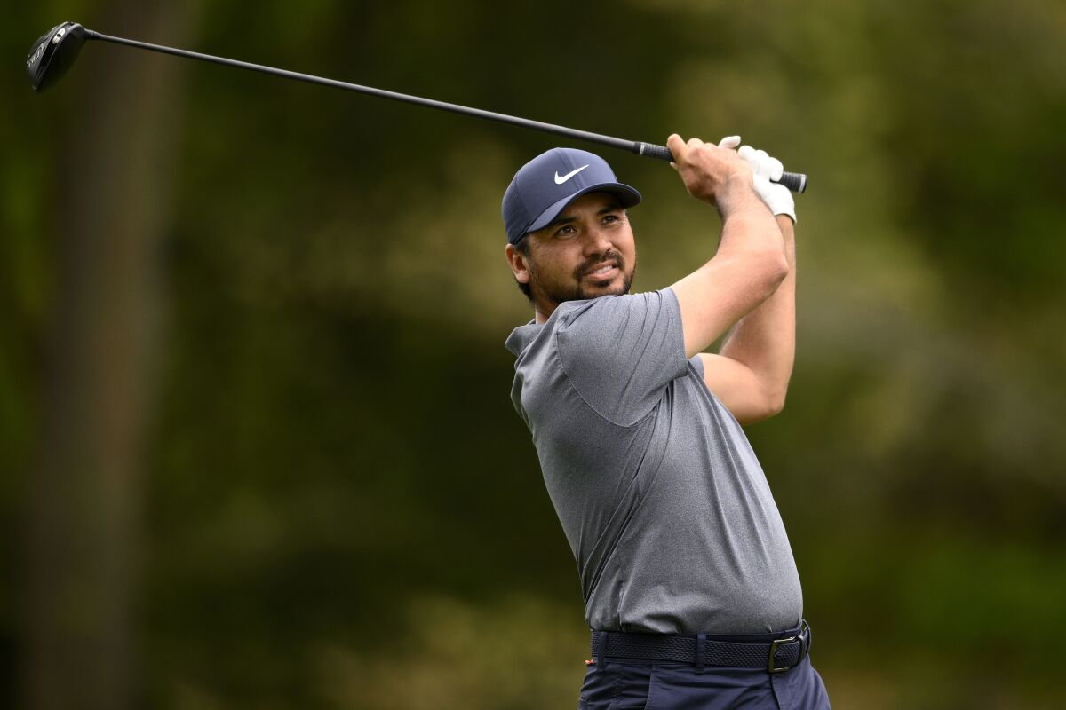 Jason Day of, Australia, hits off the 11th tee during the first round of the Wells Fargo Championship golf tournament, Thursday, May 5, 2022, at TPC Potomac at Avenel Farm golf club in Potomac, Md. (AP Photo/Nick Wass)