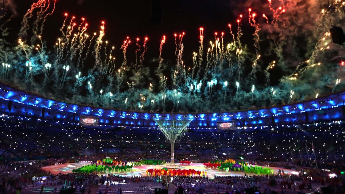Fireworks explode during the Rio 2016 closing ceremony.