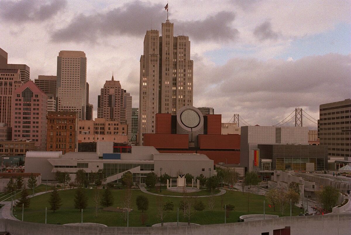 A view of the new SFMOMA and Yerba Buena Gardens with the PacBell tower to the rear at center, in 1994.