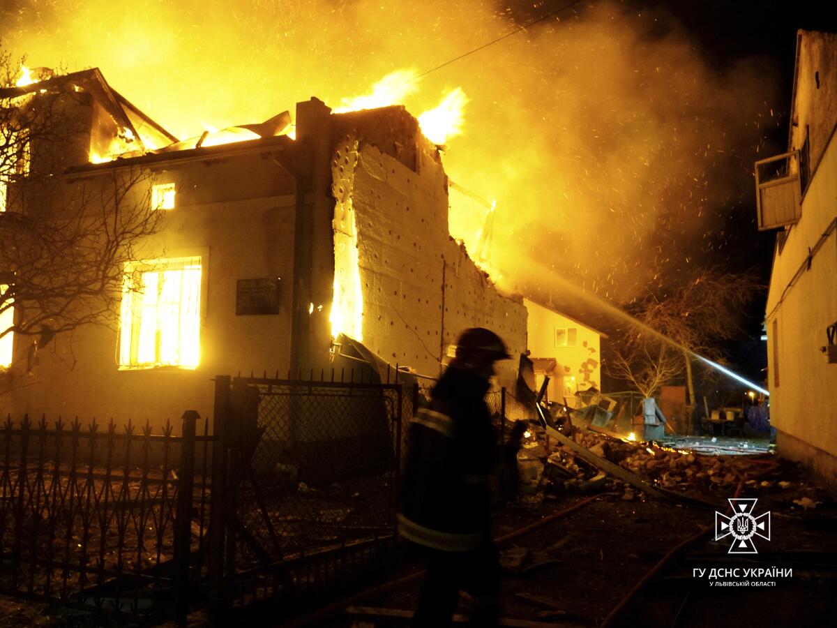 A building in Ukraine is engulfed in flames.