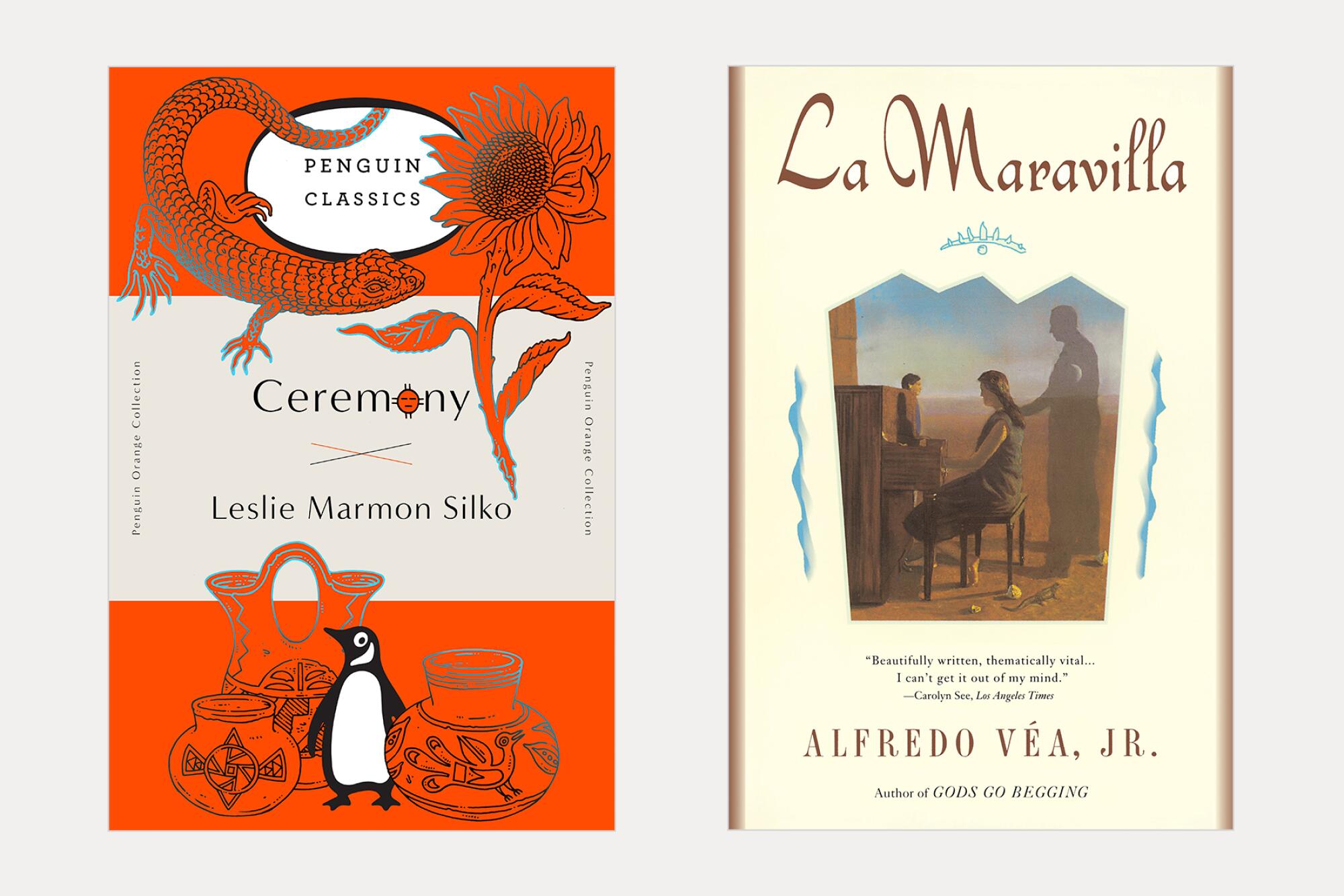 two book covers: Ceremony by Leslie Marmon Silko and La Maravilla by Alfredo Véa, Jr.