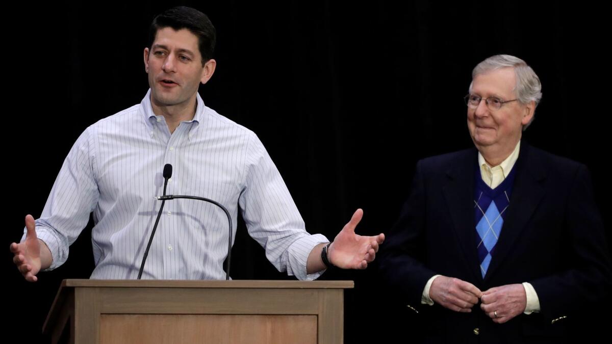 House Speaker Paul Ryan (R-Wis.), left, and Senate Majority Leader Mitch McConnell (R-Ky.) make an appearance in January.