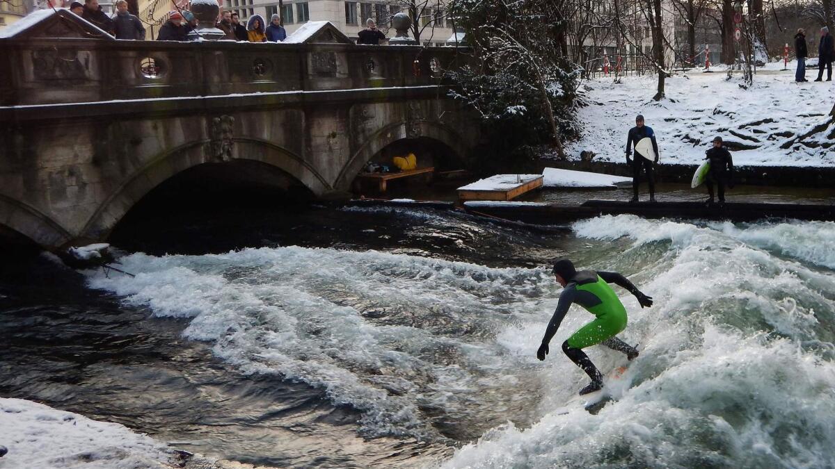Thought by some to be the birthplace of river surfing, the Eisbach canal in Munich, Germany, offers a challenging ride, especially in the winter.