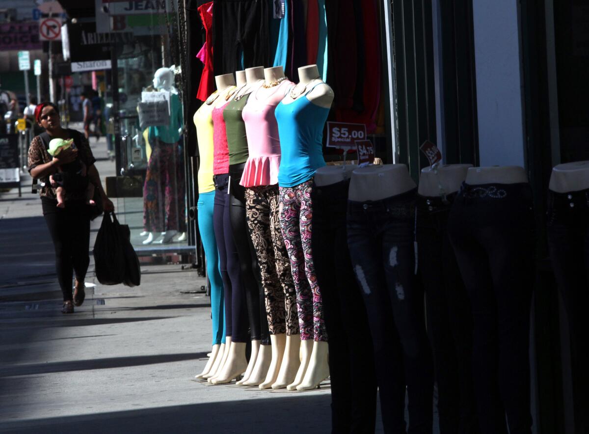 Sidewalk displays in Los Angeles downtown fashion district. Federal agents hand-delivered "geographic targeting orders" to some business owners in the area on Thursday.