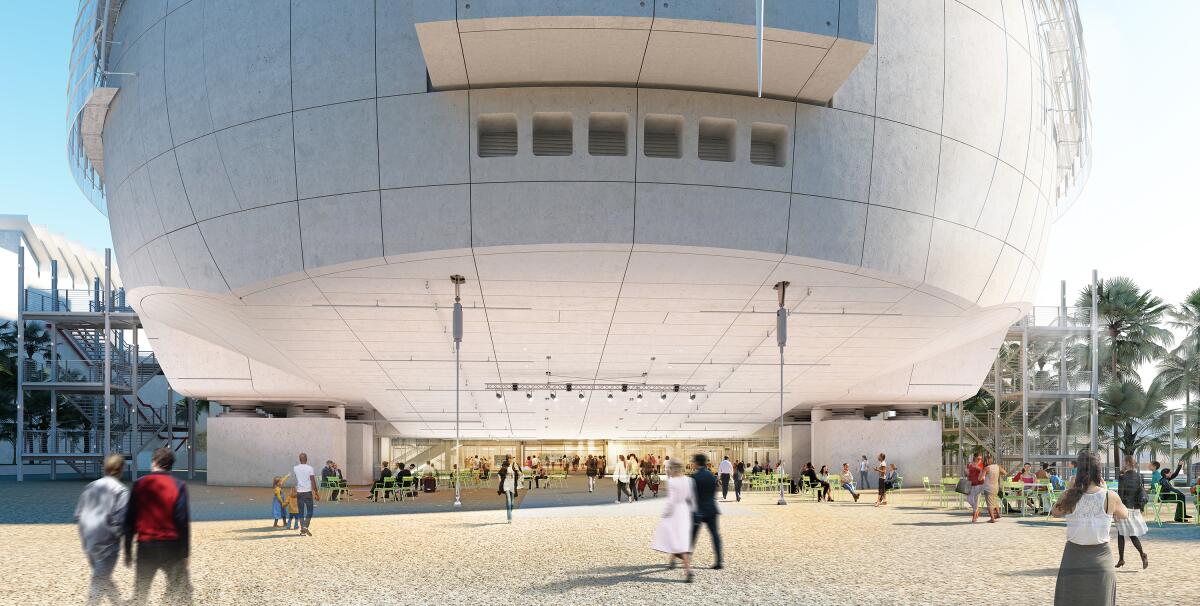 Rendering showing the exterior view of the Academy Museum's David Geffen Theatre, the concrete orb designed by Renzo Piano