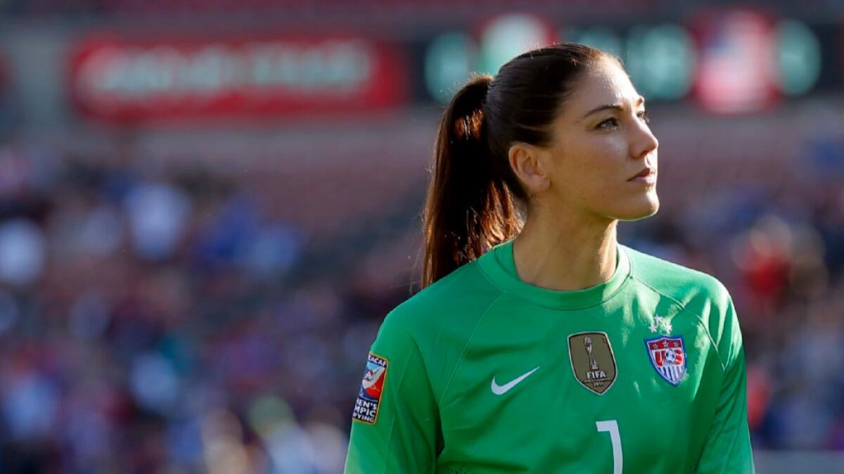 U.S. goalkeeper Hope Solo looks on at halftime of a CONCACAF Olympic qualifying match against Mexico on Feb. 13.