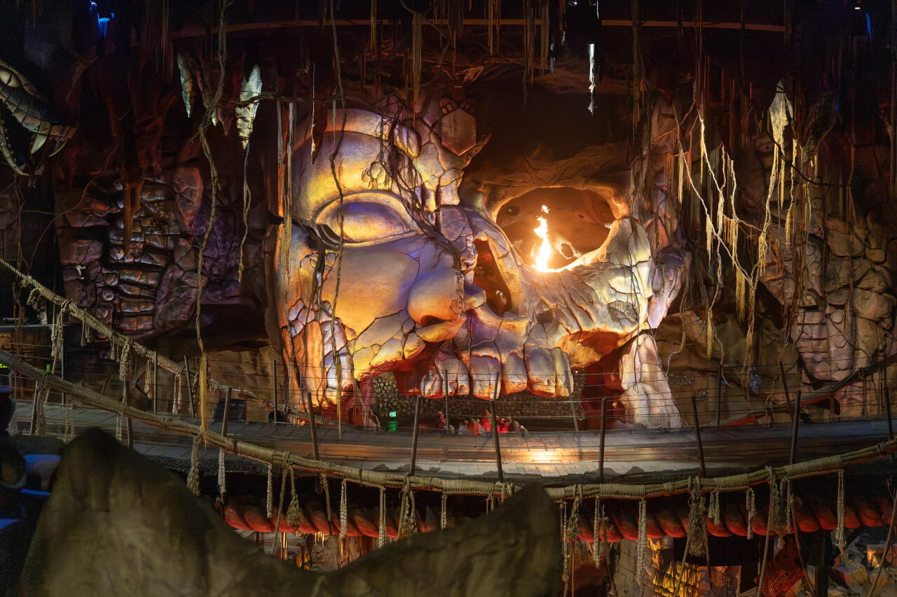 The decaying skull of Mara looks out from the “Indiana Jones Adventure: Temple of the Forbidden Eye” ride at Disneyland.