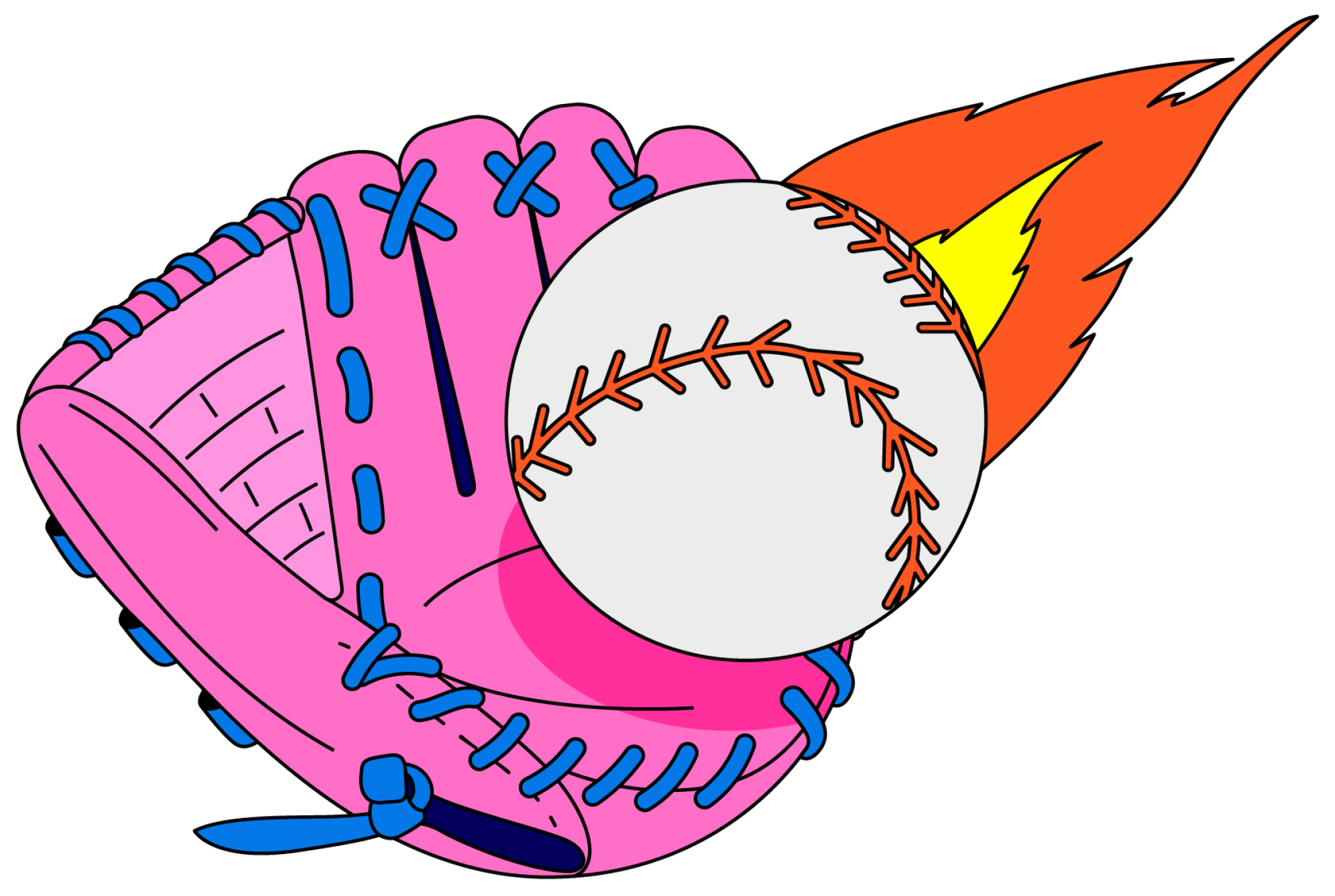 Illustration of a baseball mitt catching a baseball with a flaming trail