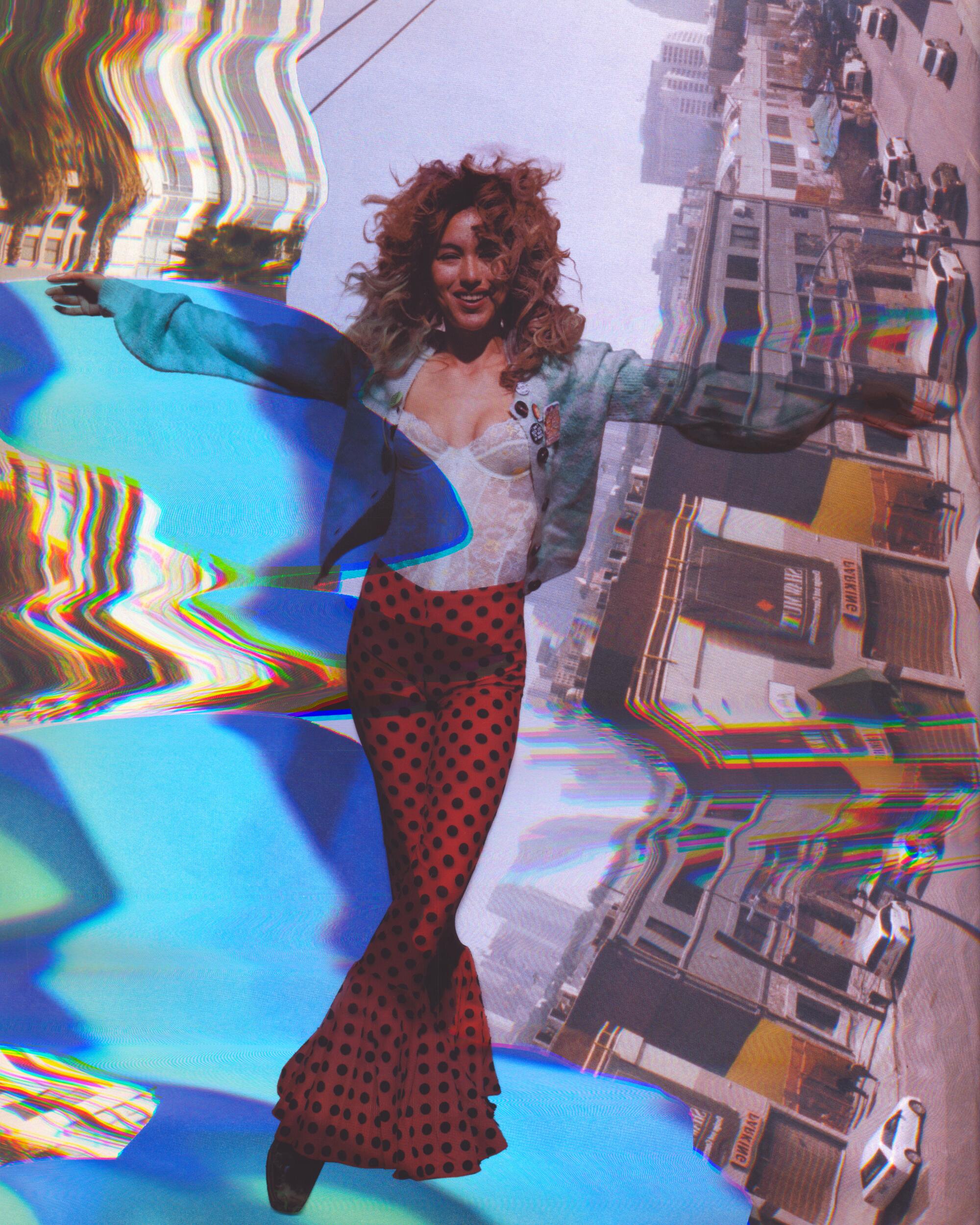 A woman stands in front of a distorted, multicolored image of a street scene
