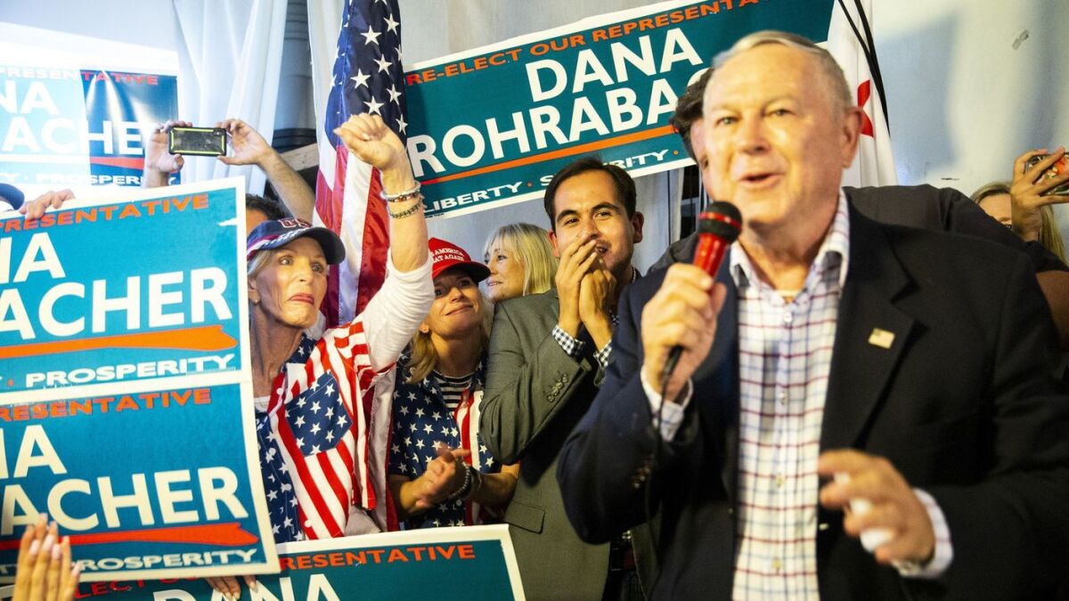 Rep. Dana Rohrabacher (R-Costa Mesa) addresses supporters at his campaign headquarters Tuesday evening.