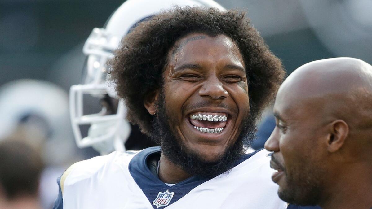 Rams defensive end Ethan Westbrooks smiles before a preseason game against the Oakland Raiders on Aug. 19.