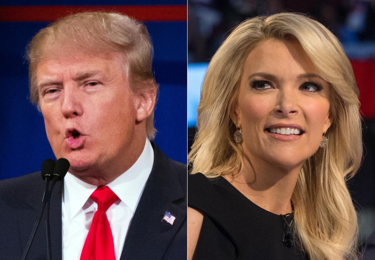 Donald Trump and Fox News Channel host and moderator Megyn Kelly during the first Republican presidential debate.