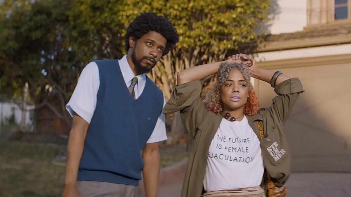 Lakeith Stanfield and Tessa Thompson in the movie "Sorry to Bother You."