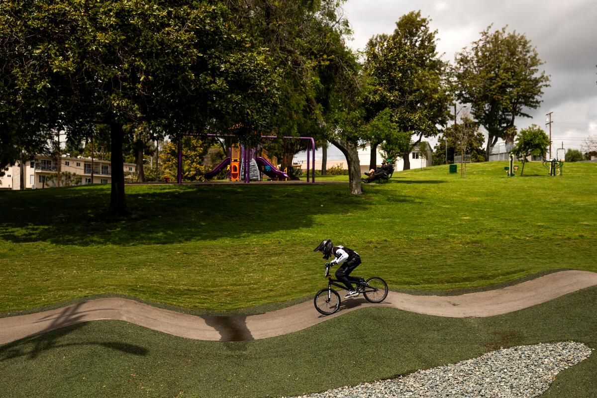 Jin Morita, 13, rides on the World Championship Track, one of two tracks at Inglewood Pumptrack.