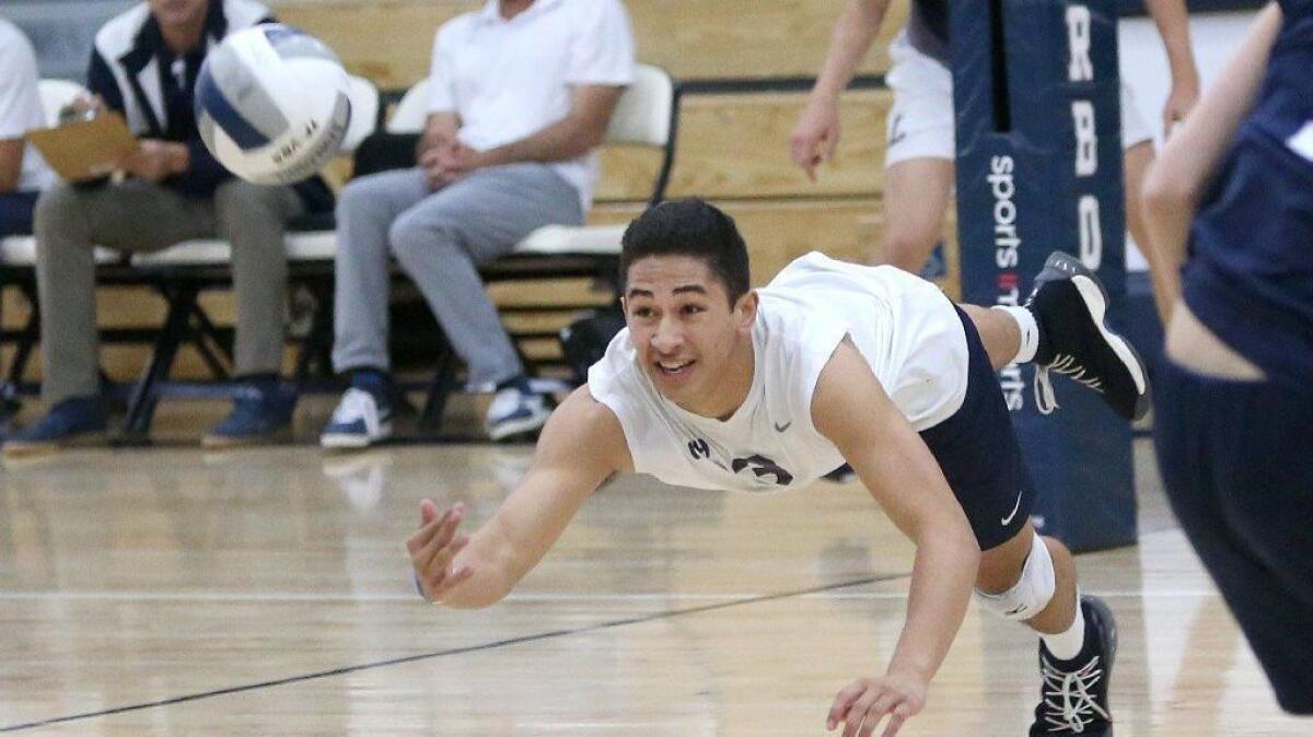 Newport Harbor setter Joe Karlous, seen in a CIF SoCal Regional Division I match against Los Angeles Loyola on May 24, is committed to Pepperdine University.