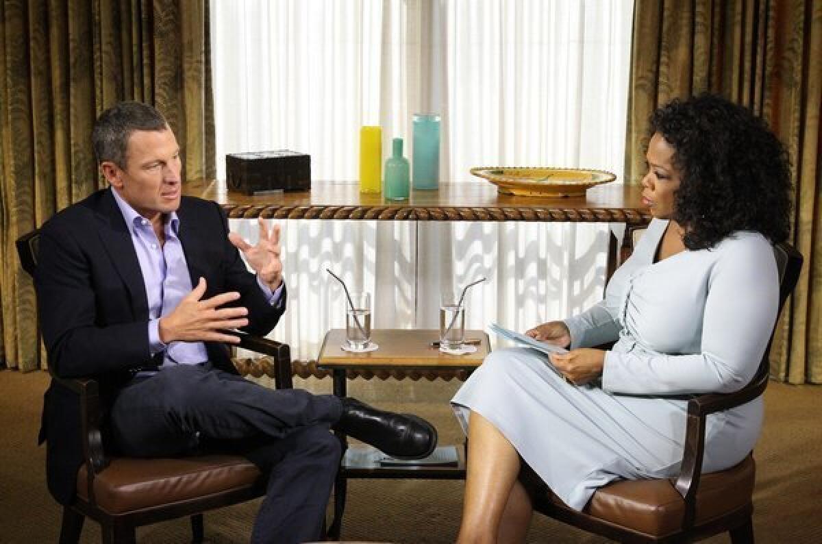 Banned cyclist Lance Armstrong, left, talks to Oprah Winfrey about performance enhancing drugs in an interview that is to air later this week.