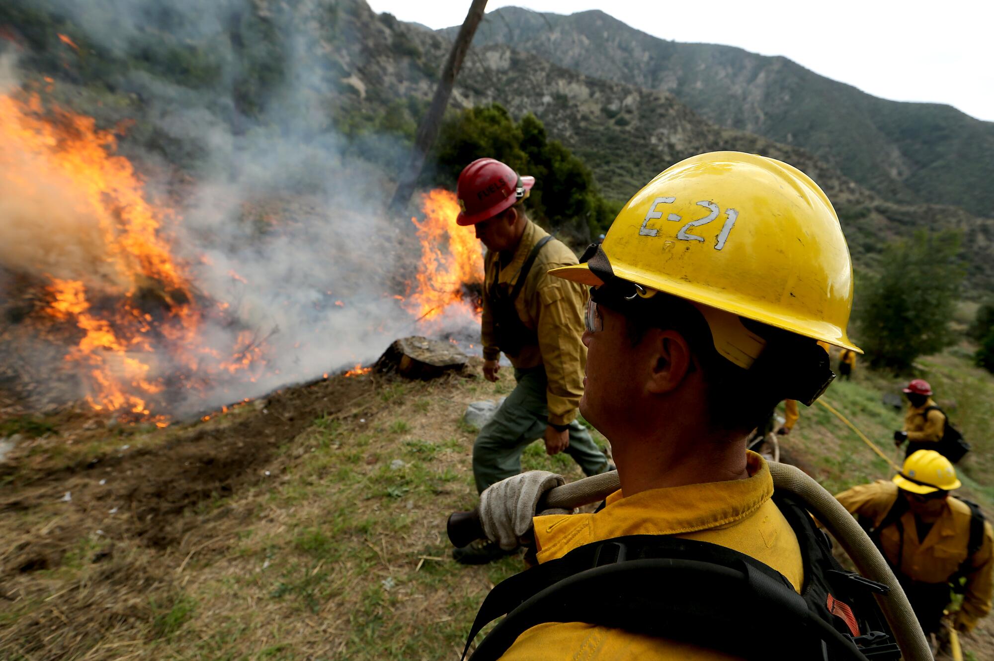 U.S. Forest Service firefighters burn piles of forest debris.