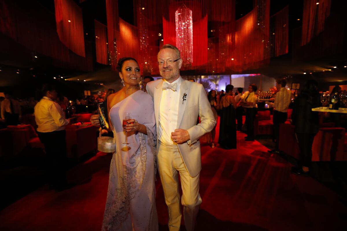 Allegra Riggio and Jared Harris at the Governors Ball last year. “We don’t like to look like we’re the king and queen of prom, but we do love to look like a couple,” Riggio says.