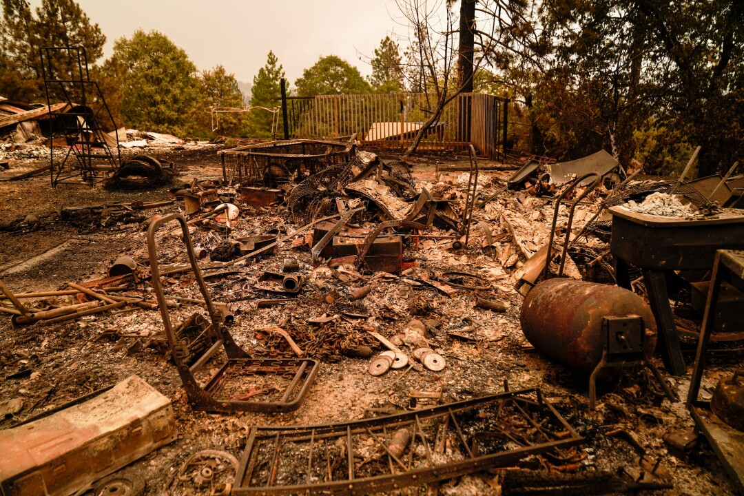 The remains of the Kant family's property along Tollhouse Road that was destroyed in the Creek fire is seen on Sept. 9.