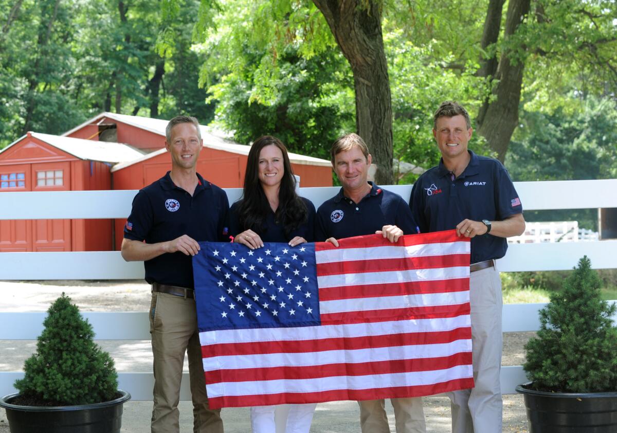 Members of the U.S. Olympic Equestrian Eventing team, Clark Montgomery, left, Lauren Kieffer, Phillip Dutton and Boyd Martin.