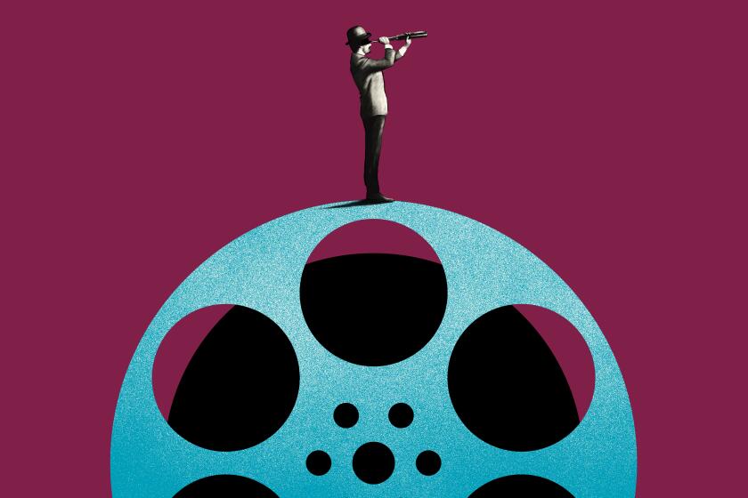 Illustration of a figure standing on a film reel and looking through a telescope
