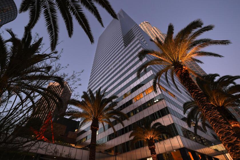 LOS ANGELES, CALIFORNIA APRIL 30, 2020-An exterior shot of an office building at 444 South Flower St. in Downtown Los Angeles. (Wally Skalij/Los Angeles Times)