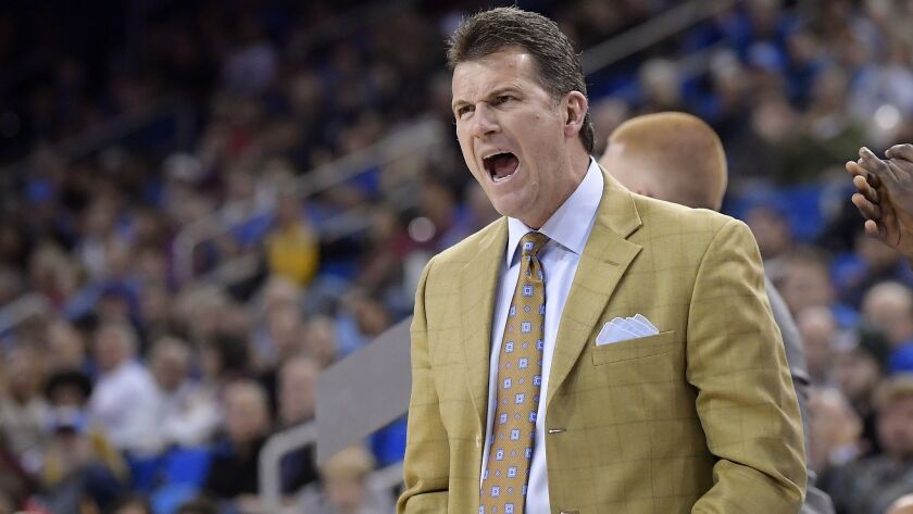 UCLA head coach Steve Alford cheers his team on during the first half against Loyola Marymount on Dec. 2, 2018, in Los Angeles.