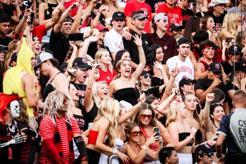 San Diego, CA - September 10: San Diego State's student section cheers on the Aztecs during their game against Idaho State on Saturday, Sept. 10, 2022 in San Diego, CA. (Meg McLaughlin / The San Diego Union-Tribune)