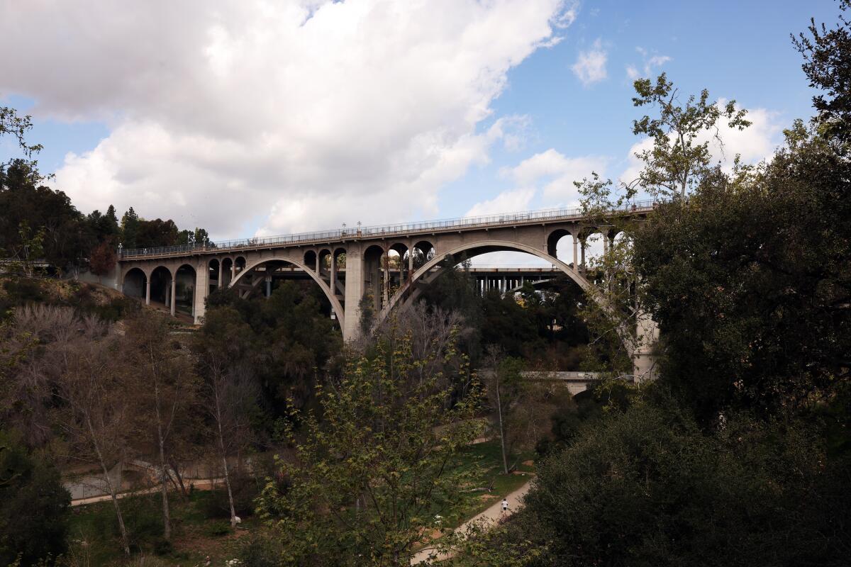 A tall bridge with two arches spans a creek.
