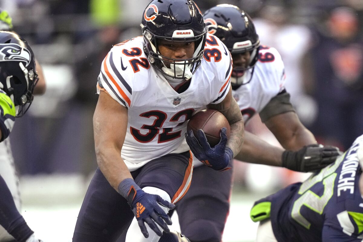 Chicago Bears running back David Montgomery carries against the Seattle Seahawks.