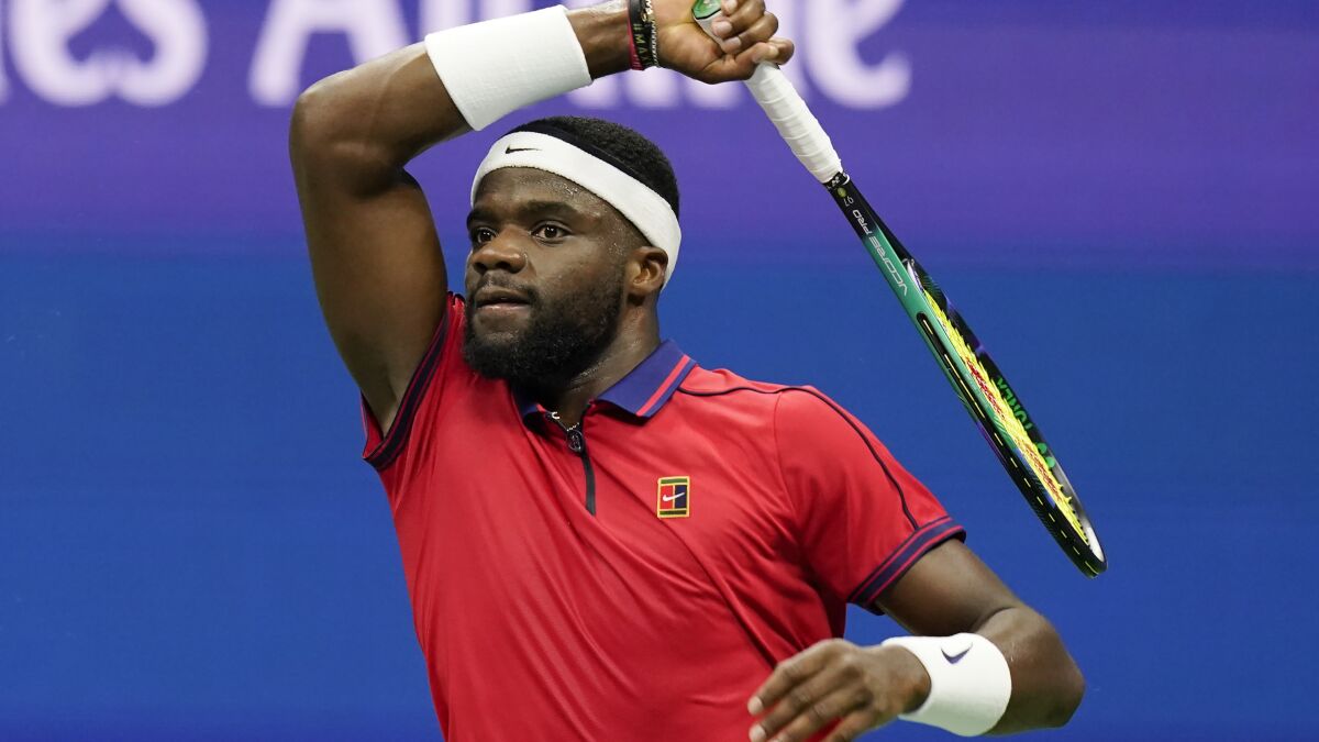Frances Tiafoe returns a shot during his victory over Andrey Rublev at the U.S. Open on Saturday.