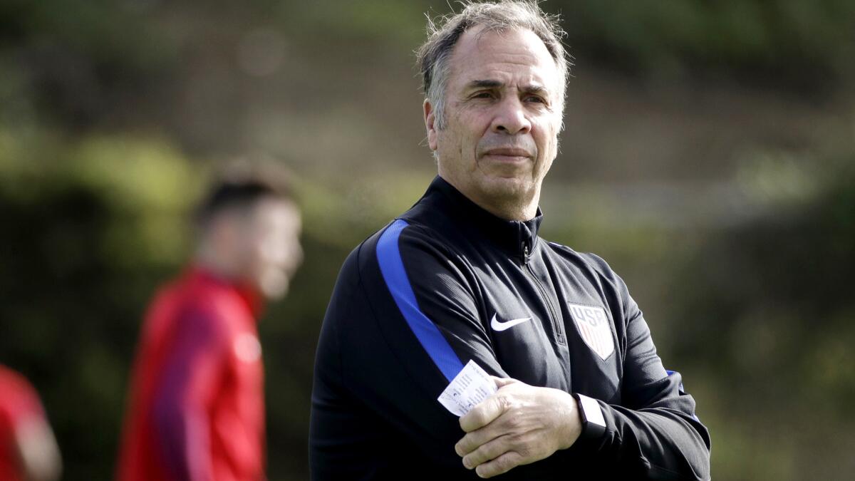 Coach Bruce Arena watches the U.S. national team practice during a training session earlier this year in Carson.