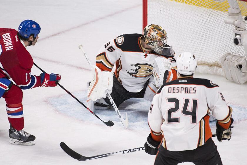 Canadiens forward Mike Brown (13) scores against Ducks goalie John Gibson during the second period of a game on March 22.